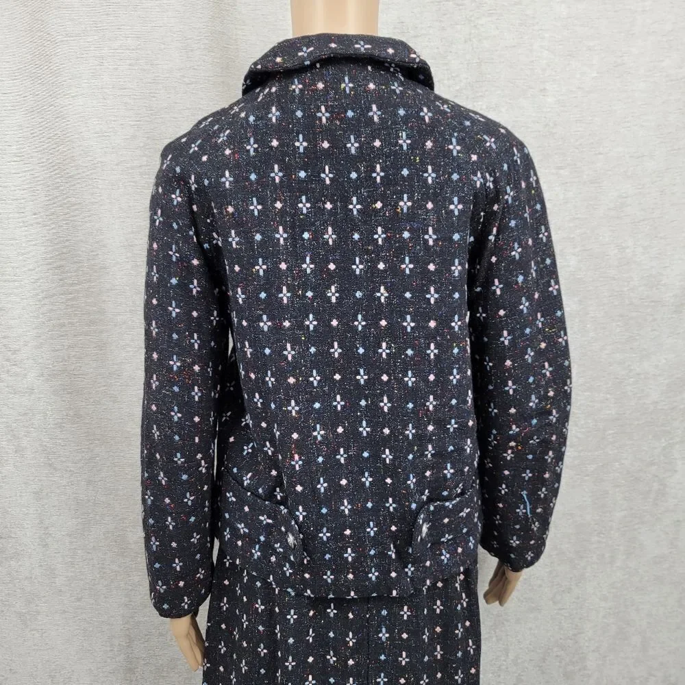 60s Vintage Handmade Tailored Wool Matching Skirt Suit Set Black with Pink Blue